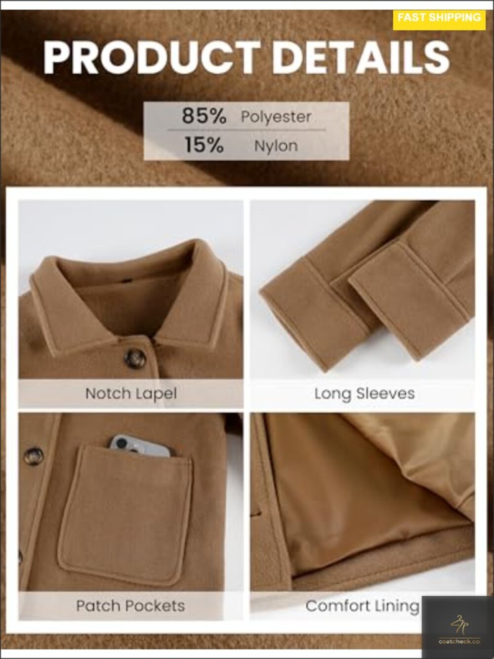 Wool-Blend Cropped Pea Coat Boxy Fit Casual Short Jacket - Picture 5 of 6